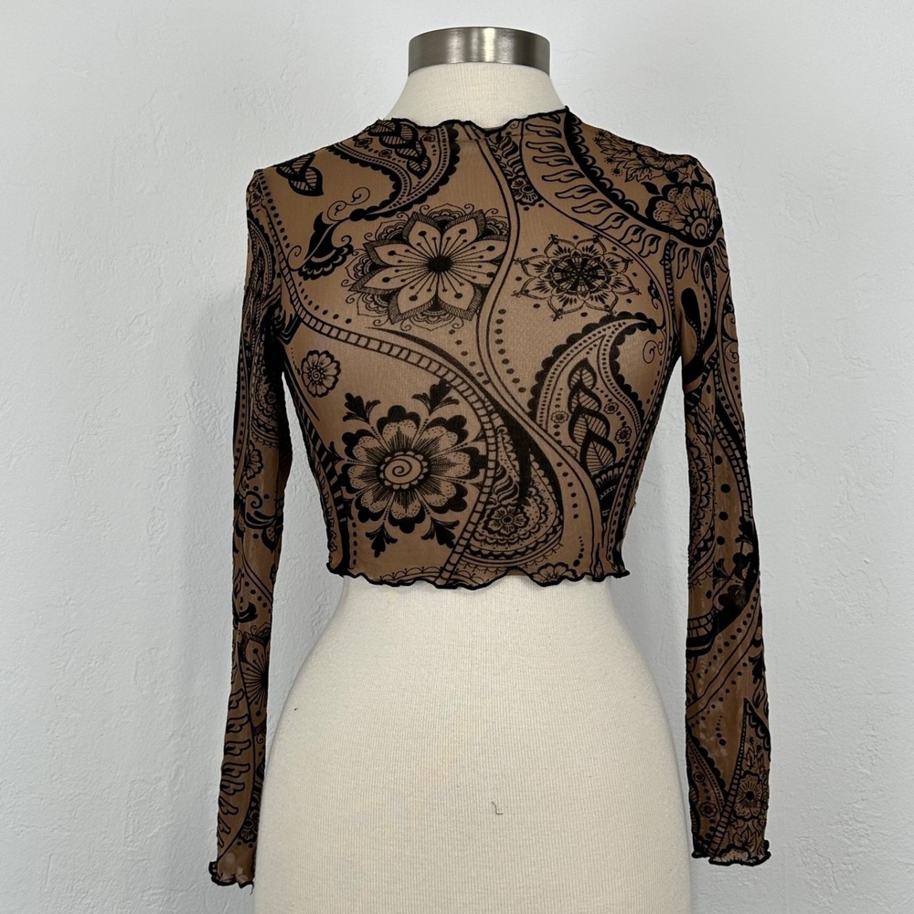 Womens Festival Whimsigoth Mesh Top Sz XS Nude Flocked Sheer Flocked Layering